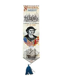 lot 137 image: Antique Landing of Columbus Woven Silk Bookmark in Excellent Condition (2.5 W x 9 L)