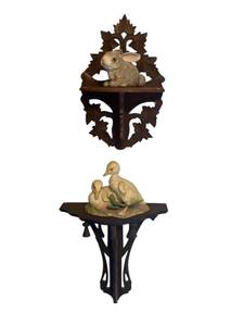 lot 144 image: Vintage CYBIS Porcelain Ducks, Boehm Porcelain Rabbit at Rest, and Vintage Carved Sconce Wall Shelves