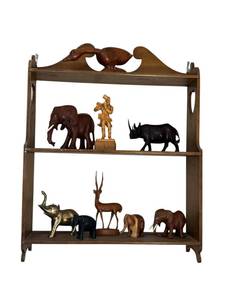 lot 203 image: Vintage Exotic Wood Carved Animals & Solid Brass 5.5-inch Elephant with Wall Shelf