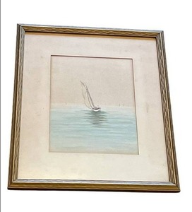lot 217 image: Amazing Framed Antique Pencil and Watercolor Sailboat Piece (13 x 15 Frame), Artist Unknown