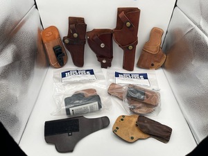 lot 261 image: Leather Gun Pistol Holster Lot - High Noon, Rare Hunter 1100 A19, Brauer Bros H24, and More