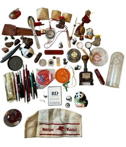 lot 339 image: Neat Vintage Collectibles Lot - Mobilgas, Fountain Pens, Boy Scouts of America, Enrapture Paperweight, Egyptian Pyramid Paperweights, and More