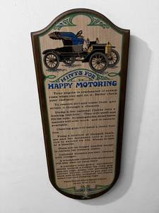 lot 451 image: Vintage Yorkcraft 1967 Wooden Wall Plaque For Happy Motoring Antique Cars (9.5 x 23)
