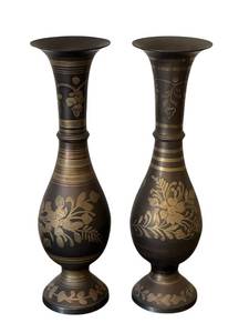 lot 465 image: Pair of Vintage 13.5-inch Indian Brass Vases with Etched Floral Design