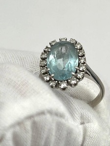lot 511 image: Vintage 14K White Gold, Aquamarine, and Moissanite Ring (Size 7.5) (4.5 grams) - Read Description