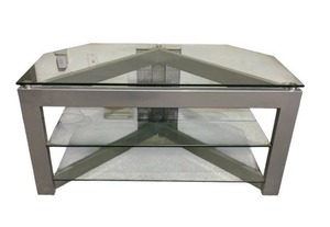 lot 530 image: Heavy Duty Glass & Metal TV Stand (44 W x 22 T x 23 D) - Bring Help To Remove