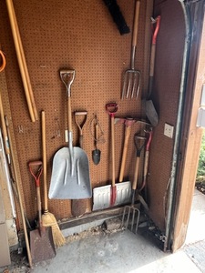 lot 600 image: Garden Tools Lot - Shovels, Pitch Forks, Brooms, and More