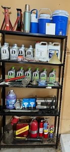 lot 603 image: Garage Shelving Unit Loaded with New 5W-30 & 0W-20 Motor Oil, Jackstands, Fire Extinguishers, and More - Shelving Unit Included