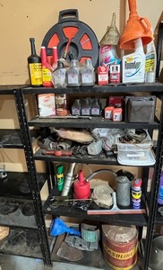 lot 604 image: Garage Shelving Unit #2 Loaded with New Husqvarna Two Stroke Engine Oil, Vintage Oil and Gas Cans, and More - Shelving Unit Included