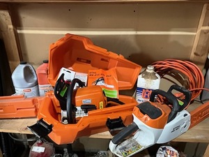 lot 620 image: Stihl MS250 Gas Chain Saw & Stihl MSA 160C Electric Chain Saw with Extras - Used Condition