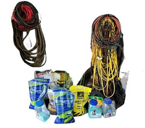 lot 625 image: Huge Lot of Extension Cords, Air Compressor Hoses, Quick-Sorb, Traction Grit and More