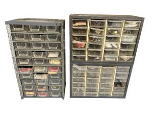 lot 634 image: Vintage Metal Storage Containers with Hardware & Electrical Components (Large cabinet is 18.25 T x 13 W x 6 D)