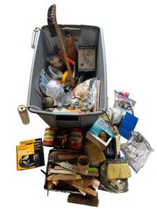 lot 639 image: Painting Supplies, Vintage Coffee Cans, Like New Craftsman Drill Grinding Attachment, and More