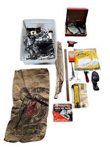 lot 642 image: Assorted Tools & Hardware including Vintage Museum of Science and Industry (Chicago) Mini Anvil, Eau Claire Sand & Gravel Bag, and More