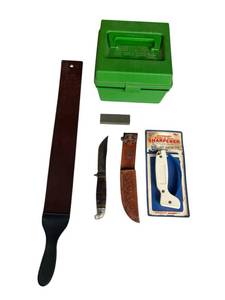 lot 681 image: Vintage WESTERN L66 Fixed Blade Skinning Knife (4.25 Blade) w Case-Gard R100 Rifle Ammo Box