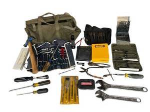 lot 660 image: Vintage US Army Green Canvas Tote Bag Loaded with Tools - DeWalt, Craftsman, and More
