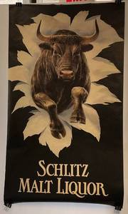 lot 153 image: 1980 SHLITZ Malt Liquor Bull Poster 40 W x 66 T
