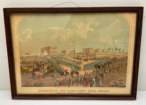 lot 160 image: Frasmed Behind Glass Antique Lithograph Print Of The Execution Of The Thirty-Eight Sioux Indians At Mankato Minnesota December 26, 1862 15 x 21