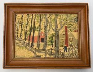 lot 162 image: Vintage Grandma Moses Framed Barkcloth The Red Barn Print Framed 6 58 x 8 58