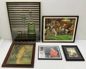 lot 167 image: Misc. Vintage Framed Items Including The Hustler Dogs Playing Pool Print (Has Staining) & More
