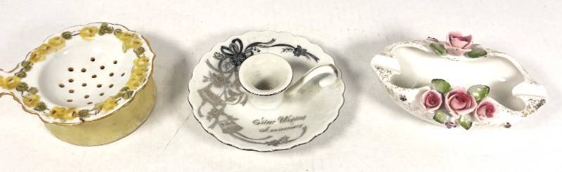 lot 10 image: Lefton Candle Holder. Lefton Cigarette Holder and Tea Strainer