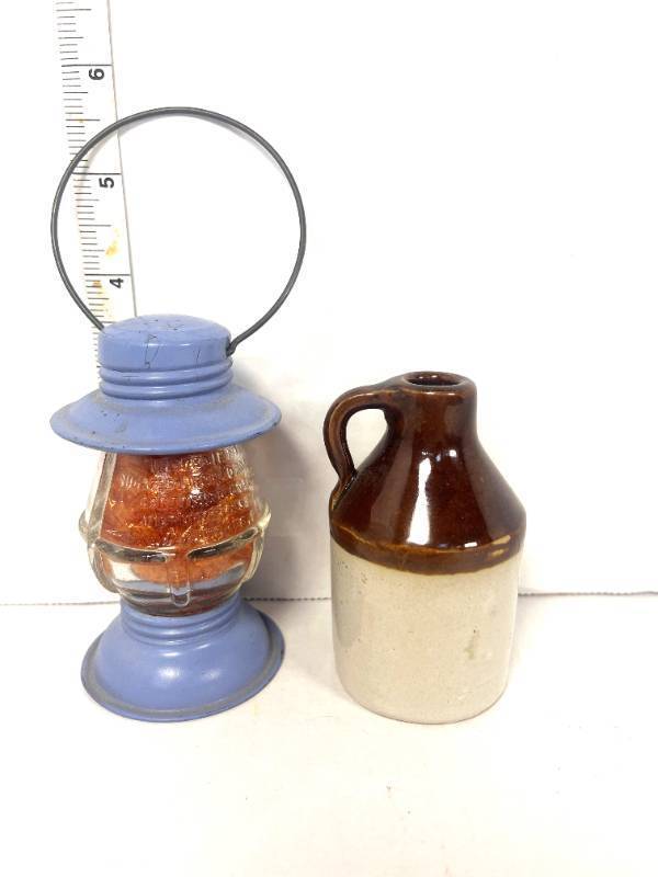 lot 12 image: Mini Metal Lantern and Mini Brown Jug