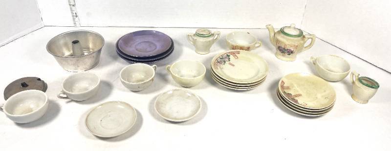lot 9 image: Lot of Misc. Doll Dishes Tea Set Aluminum Cake Pan
