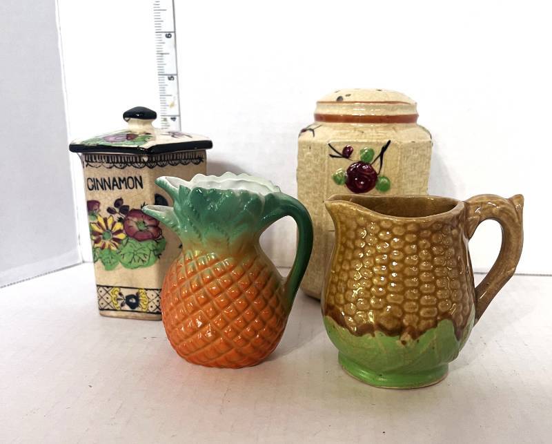 lot 22 image: 4 Vintage Pieces Corn Pitcher, Cinnamon Container, Pineapple Pitcher and Salt Shaker