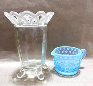 lot 109 image: Fenton Blue Opalescent Hobnail Creamer and 1940s Imperial 4-Toed Vase