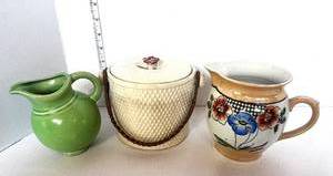 lot 2 image: 3 Vintage Pottery Pieces Pitchers and Covered Dish
