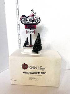 lot 49 image: Dept 56 Harley Davidson Sign Snow Village Figurine