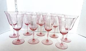 lot 119 image: Set of 9 Stunning 1930s Etched Pink Depression Wine Goblets