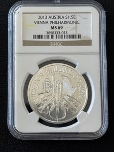 lot 114 image: 2013 Austria Vienna Philharmonic 1.5 Euro Silver NGC MS69
