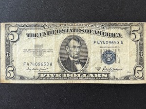 lot 123 image: 1953 A Blue Seal $5 Dollar Silver Certificate
