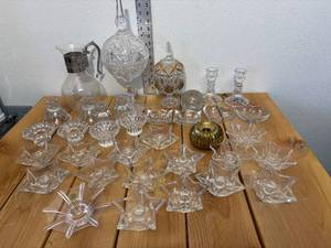 lot 12-D2025 image: Vintage Mixed Lot Glass and Cut Crystal, Pitcher, Candle Stick Holders, Lead Crystal, Candy Dishes with Lids, Water Pitcher, 28 Candle Holders