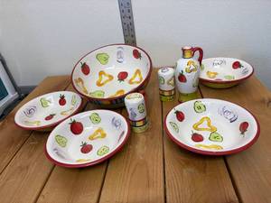 lot 13-D2025 image: Ceramic Garden Salad Large Main Serving Dish (4) Bowls Set  Salt & Pepper Shakers and Oil Vase