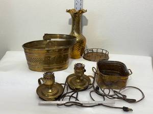 lot 17-D2025 image: Vintage 6 Pc Brass Lot 11 Brass Twist Ribbon Vase, Large Candle Holder, 10 Basket with Moving Handle, Light Fixtures & 6 Handled Bucket