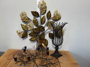 lot 18-D2025 image: Dark Bronze Metal Dcor, 28 Tall Floral Wall Hanging, 20 Metal Nest Center Piece (holds 7 candles), 17 Metal Hurricane Candle Holder
