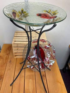 lot 20-D2025 image: (2) 18 Glass, Bird Images Cardinal Hand Painted Under, Bird Baths with (1) Metal Stand to Hold a Birdbath
