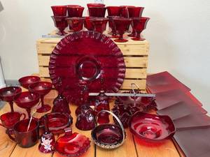 lot 21-D2025 image: Vintage 13 Ruby Glass Pieces 3 Fenton Ribbon Vase, Fenton Bell, Octagonal Independence Dessert Cups, Viking, 1887 Eagle Ashtray