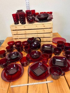 lot 24-D2025 image: Vintage Large Lot Anchor Hocking Ruby Red Items, Vases, Plates, Pitcher, Tumblers, Wavy Tumblers, Square Bowls, Creamer, Sugar, Dessert Cups w Monarch Foot