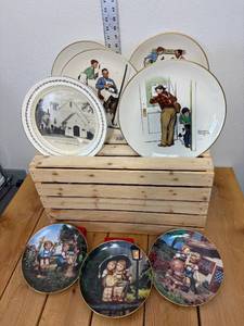 lot 28-D2025 image: Vintage Assort Decorative Plates (3) MJ Himmal & (4) Norman Rockwell (1) Fairmont ND Methodist Church Plate