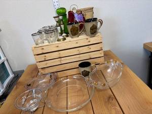 lot 30-D2025 image: Vintage Assorted Lot Including Pfaltzgraff, Poppies Mugs, Whisky Glasses, Mother of Pearl Brass Vase  Tote
