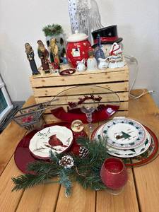 lot 31-D2025 image: Vintage Assorted Christmas Platters, Bells, Cookie Jar, Lighted Jar, Candle Warmer, Angel, Santa