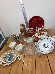 lot 34-D2025 image: Assorted Christmas Decore - Bells, Vases, Plates, Santa, Pie Pan