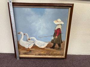 lot 40-D2025 image: Vintage 42 Square Canvas Painting, Little Girl with Goose