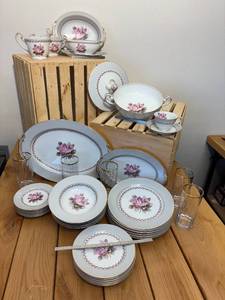 lot 42-D2025 image: Vintage 6 PC Noritake China Rose Pattern 5048  Serving Pieces  Water Glasses