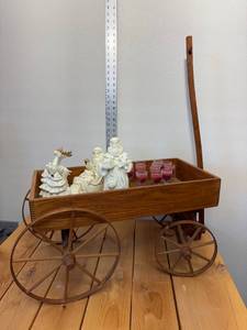 lot 48-D2025 image: 24 x 12 x 14 Dovetail Wood Wagon That Moves, 2 Ceramic Santas, 12 Shot Glass Candles