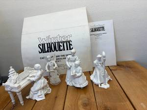 lot 50-D2025 image: Vintage Dept 56 Winter Silhouette - Carols Around The Spinet - Dad Replaced with Angel (not Dept 56) & Christmas Concerto Harpist