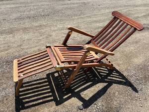 Vintage All Wood Yacht Deck Chair with Adjustable Back & Brass Fixtures
